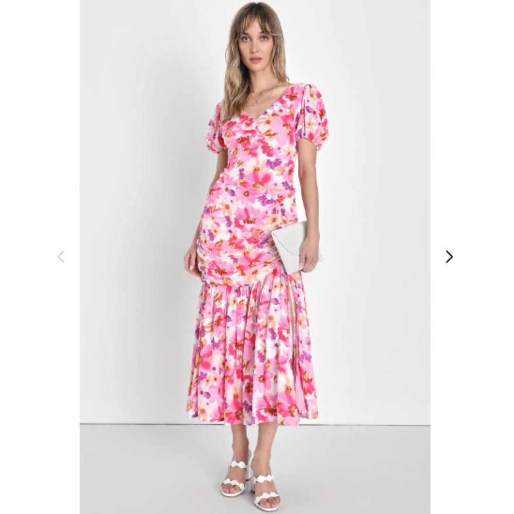 NWT Lulus Flourishing Favorite Floral Ruched Maxi Skirt Large IVORY/ PINK PURPLE